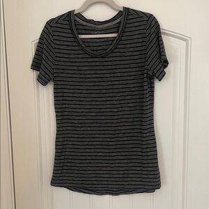BCG Women's Crew Neck Gray With Black Stripes SS Sleeve Moisture Wicking Tee SzL